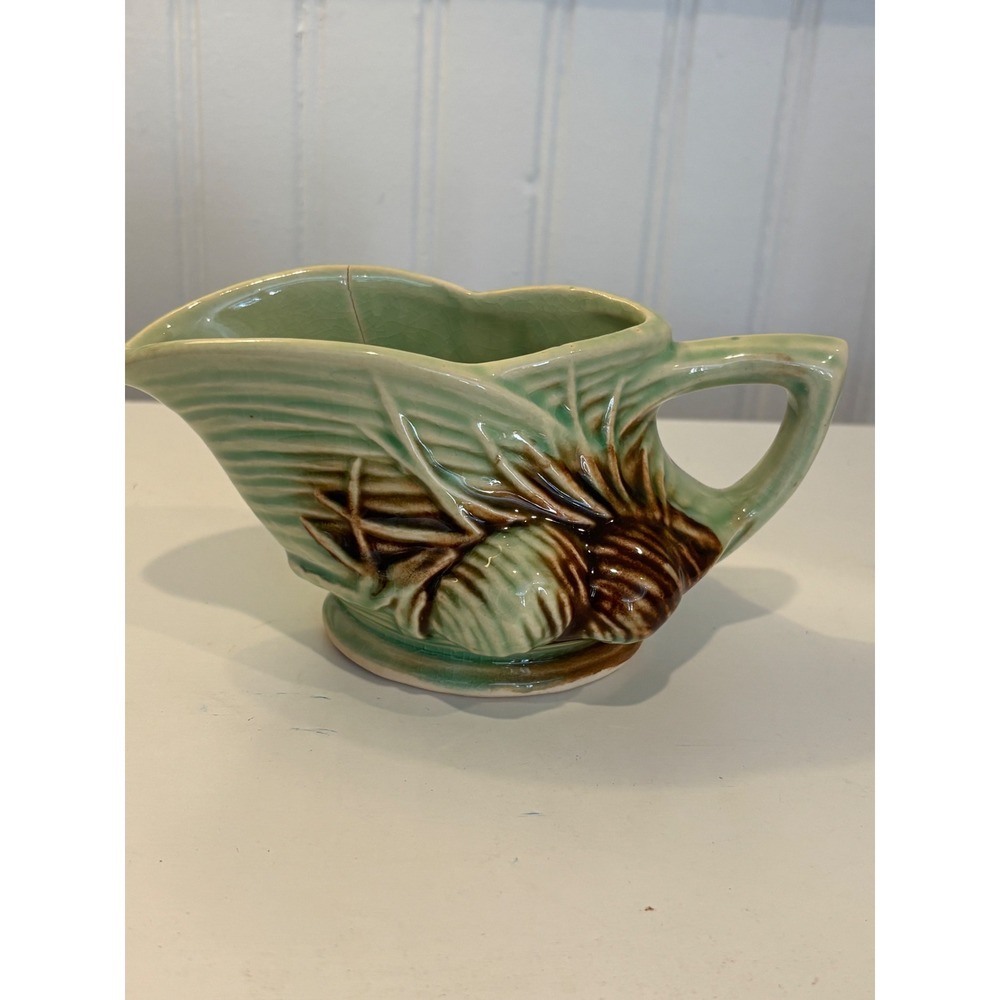 Vintage McCoy Pottery Green Pinecone Creamer Pitcher Signed Mid Century Art